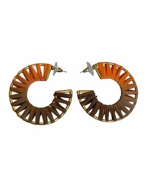Goldtone Orange Brown Wrapped Raffia Large Hoop Earrings